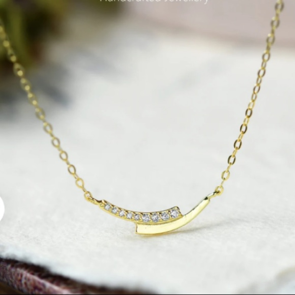 UltraDelicate Dainty 14K Gold Plated Pavé Crystal Arc Pendant Clavicle Necklace - Picture 6 of 10